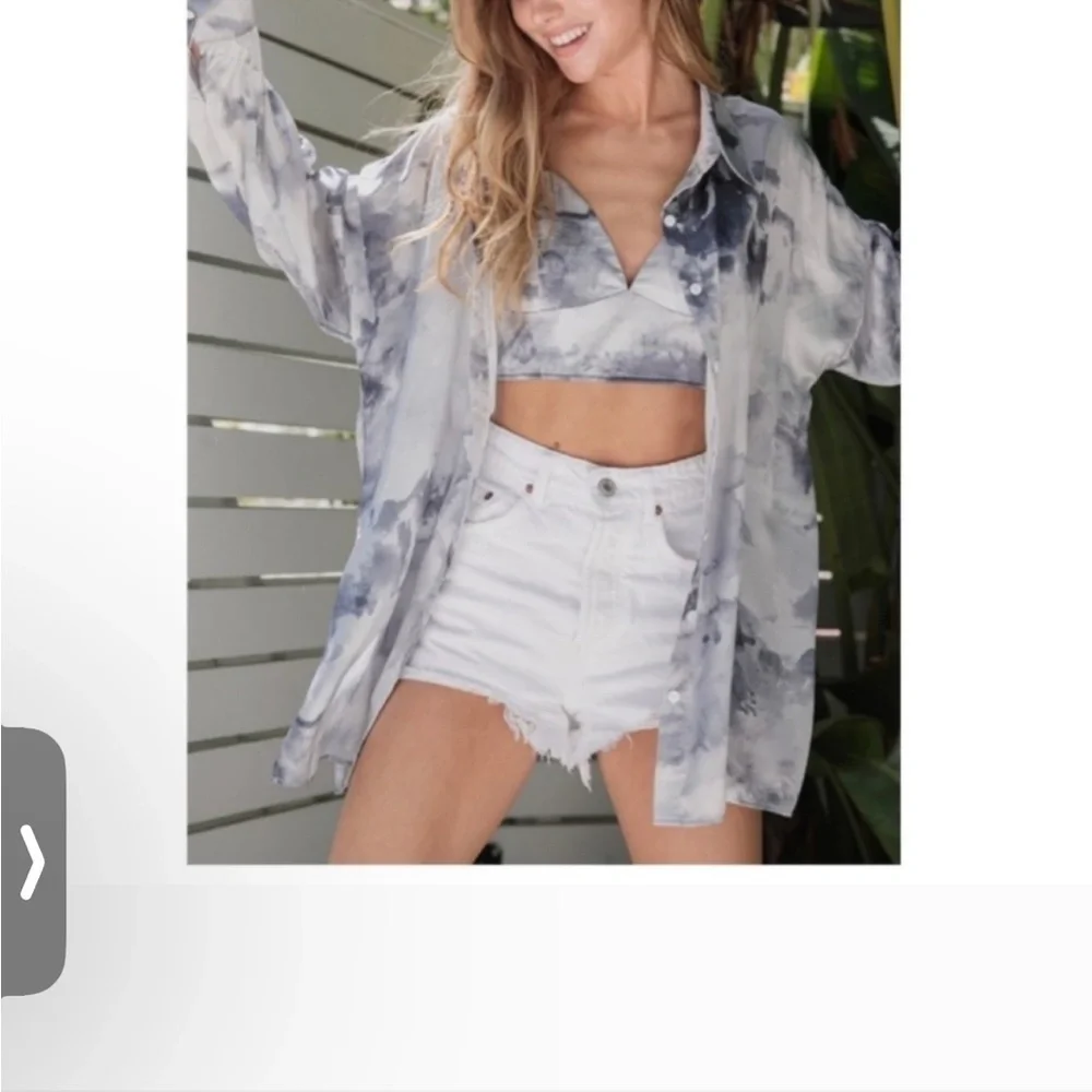 NEW! 2 Pieces! Silky Tie Dye Print Boyfriend Shirt w/Matching Crop Top! - Picture 5 of 10